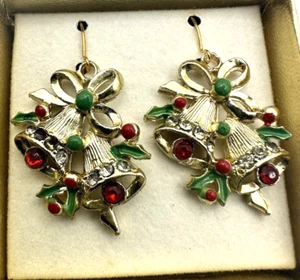 Orecchini Vintage Natale Jingle Bells Strass Tono Oro Metallo Retrò - Foto 1 di 4