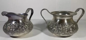 ANTIQUE KIRK SON STERLING SILVER REPOUSSE SUGAR BOWL CREAMER HAND DECORATED 252g - Picture 1 of 10
