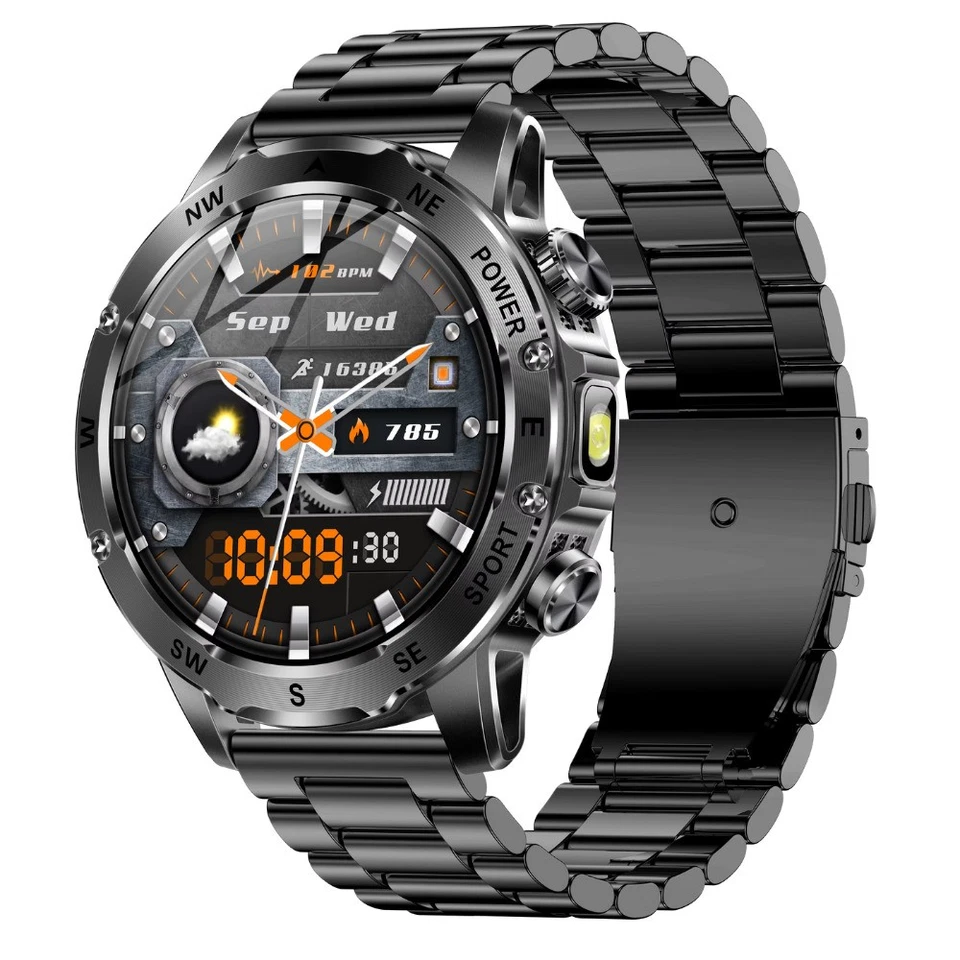 Herren Damen Smartwatch Militär BT Anruf LED Taschenlampe Gesundheitsfunktionen - Bild 1 von 4