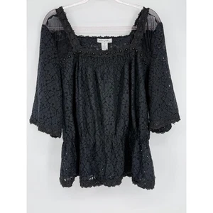 Top blusa peplo nero pizzo collo quadrato manica a campana taglia 3X bellissimo! - Foto 1 di 9