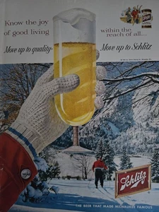 1959 Conoce la alegría del buen vivir Schlitz cerveza nieve esquí anuncio de colección - Imagen 1 de 1
