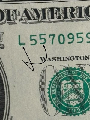 2021 Unc. S.F. $1 Bill Stuck Digit High 55 Gas Pump Error & Green Inkwell Spill  - Image 1 of 3