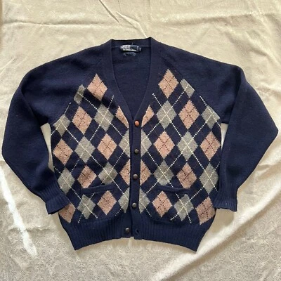 Vintage Polo Ralph Lauren Cardigan Sweater XL 100% Wool Argyle - Image 1 of 4