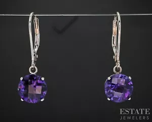 10k White Gold Round Natural Amethyst Lever Back Dangle Earrings 1.9g i18507b - Picture 1 of 4