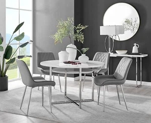 Adley High Gloss Storage Dining Table in White & 4 Pesaro Silver Leg Chairs Set - Picture 1 of 43