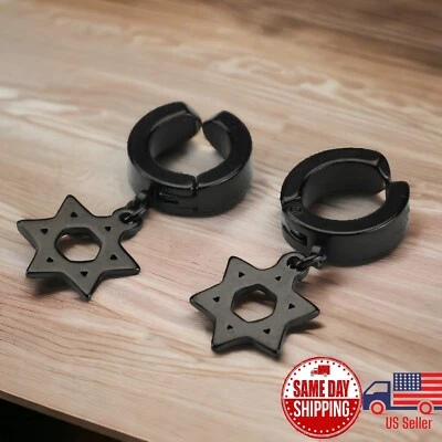 Stainless Steel Black Six pointed Star of David Drop Dangle Hoop Earrings - Image 1 of 3