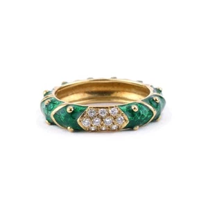 Hidalgo Green Enamel And Diamond Ladies Band Ring In 18K Yellow Gold - Picture 1 of 7