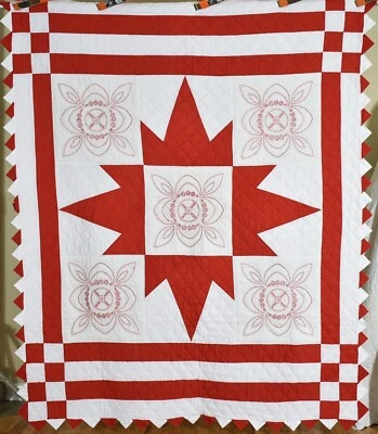 VIBRANT Vintage 1940's Red & White Star Antique Quilt ~NICE BORDER! - Image 1 of 4