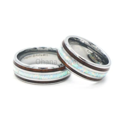 8mm Men's Tungsten White Opal DoubleHawaiian Koa Wood  Wedding Band Ring Comfort - Image 1 of 3