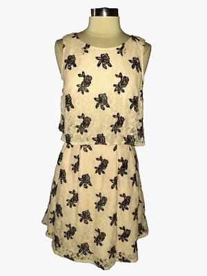 NEW ELLE Size 16 A-Line Dress Pink Lace Black Embroidered Flowers Sleeveless - Image 1 of 4