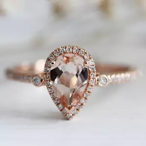 Romantic Pink Morganite Natural Diamond 14K Rose Gold Engagement Halo Women Ring - Picture 1 of 6