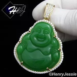 MEN 925 STERLING SILVER ICY BLING 3D JADE GOLD PLATED BUDDHA CHARM PENDANT*GP148 - Picture 1 of 4