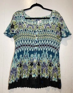 Sami & Jo Pleated Chiffon Button Up Top Plus Size 3X Teal Paisley Flutter Sleeve - Picture 1 of 17