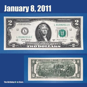 January 8, 2011 Birthday Anniversary $2 Two Dollar Bill Serial Number 01082011 - Picture 1 of 2
