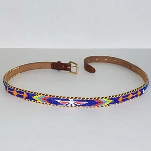 Vintage Native American South Western Stamped Leather & Seed Bead Thin Belt Sz S - Picture 1 of 11