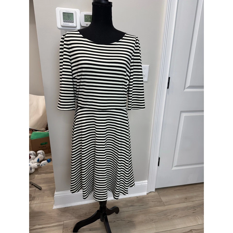 Twee Pixley Kathy Dress Black & Cream Stripes A-Line Fit & Flare V-Back Large - Image 1 of 4
