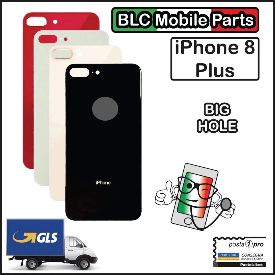 VETRO SCOCCA IPHONE 8 PLUS BACK COVER BIG HOLE COPRI BATTERIA APPLE BIANCO NERO