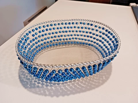 Blue Beaded Oval Wire Basket  9.25" L x 7.25 W x 3.25H Cover
