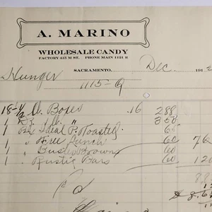 1912 Sacramento CA A. Marino Wholesale Candy Shop Store Billhead Receipt - Picture 1 of 5