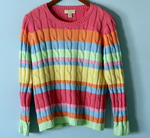 Appleseed's Cable Knit Sweater Striped Pastel Rainbow Cotton Size Petite Medium - Picture 1 of 21