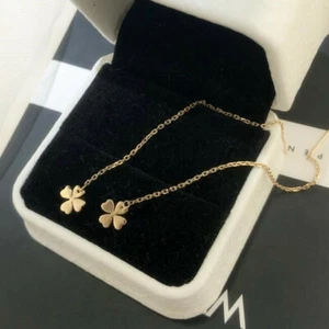 Solid 14K Yellow Gold Long Dangle Threader Women Earrings 4 Leaf Clover Gift - Picture 1 of 6