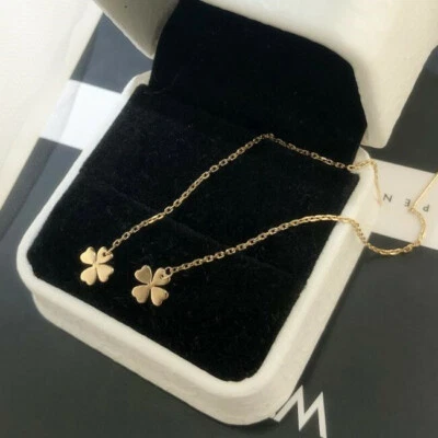 Solid 14K Yellow Gold Long Dangle Threader Women Earrings 4 Leaf Clover Gift - Image 1 of 4