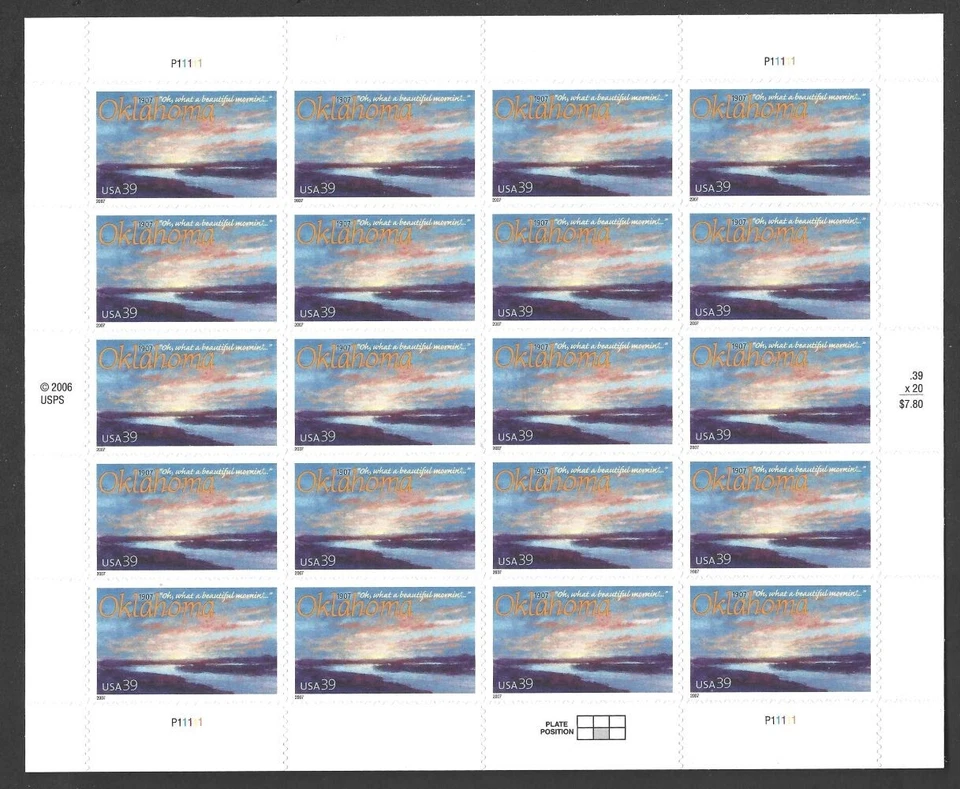 US Scott #4121 39¢ Oklahoma Statehood 100th Anniversary MNH pane of 20 - 2007 - Image 1 of 1