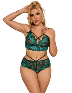 Sexy Green Black Lace Strappy Bralette Bra Panties Lingerie Set Plus Size 8-22 - Picture 1 of 12