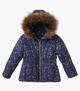 Rothschild Girls Navy Foil Print Heart Puffer Hood Zip Pockets Jacket Size 5/6 - Picture 1 of 10