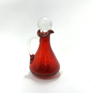Vintage Red Crackle Glass Cruet w/ Stopper – Art Glass Pitcher, Apothecary Style - Picture 1 of 15