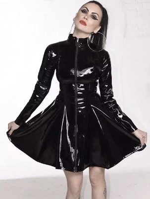 Misfitz  black PVC  skater dress, two way zip.   SIZE 18.  TV CD Sissy Goth Club - image 1 of 4