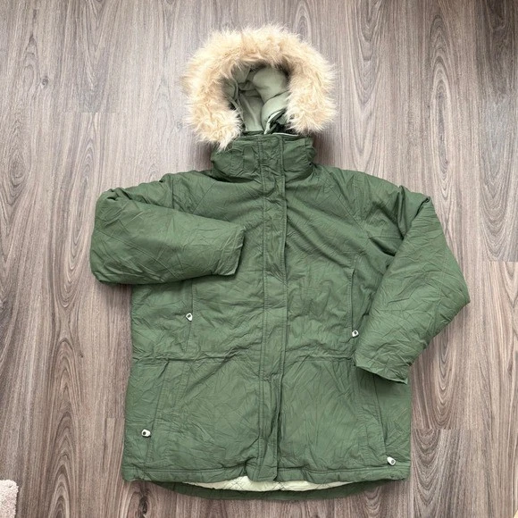LLBean XL Down Insulated Parka Jacket Hooded Fur Trim Green Water Resistant - Image 1 of 4