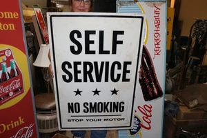 Vintage c1970 Self Service No Smoking Stop Your Motor Gas Station 36" Metal Sign - Picture 1 of 6