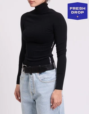 RRP €370 T By ALEXANDER WANG Bodycon Jumper Size S Black Logo Intarsia High Neck - Image 1 of 4