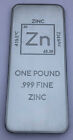 1 (One) Pound .999 Zinc Bullion Bar By Unique Metals