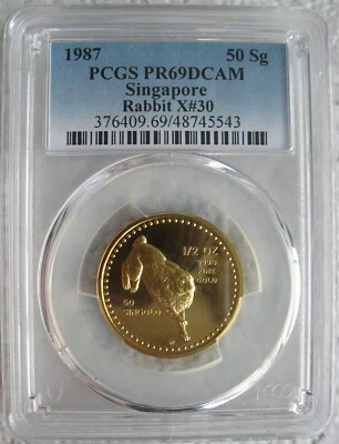 Singapore 1987 1/2oz Gold 50 Singold PCGS PF-69 DCAM Rabbit - Image 1 of 3