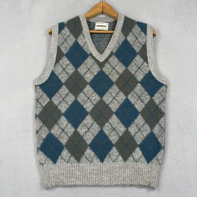Vintage Campus Sweater Vest Men's Large Acrylic Argyle Gray Green 80s Classic - Image 1 of 4