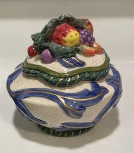 Fitz And Floyd Schmuckschatulle rund Deckel Florentiner Klassiker blau weiß Obst - Bild 1 von 9