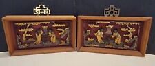 Antique Chinese Sculpted 2 Wood Relief Panels Gilt & Red  Painted Figures 
