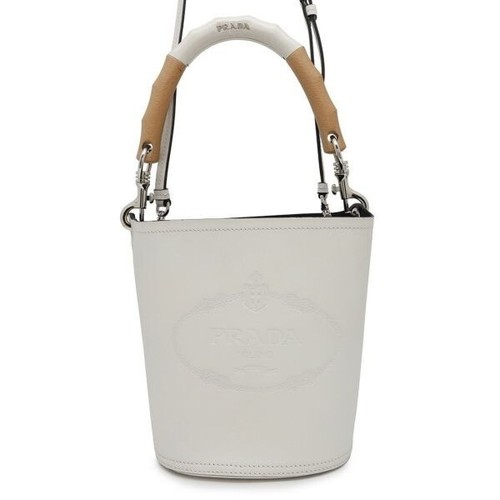Borsa a secchiello PRADA Tambour 1BE048 2 vie pelle legno bianco autentica