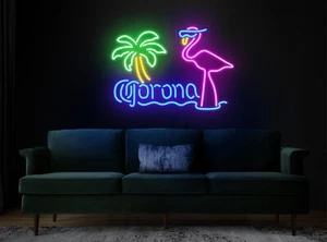 17" Corona Pink Flamingo Palm Tree Flex LED Neon Sign Light Party Gift Bar Décor - Picture 1 of 2