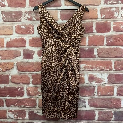 Vintage Jessica Howard Dress Womens 6 Petite Brown Tan Satin Animal Print Zip Up - Image 1 of 4