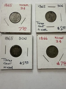 Lot of 4 Three Cent Nickels - Nice, but Holed - Dated 1865 or 1866 - 160 yrs Ago - Picture 1 of 17
