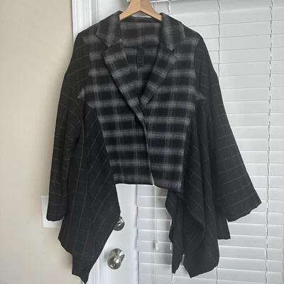 Kedem Sasson Jacket Asymmetric Plaid Grey Black Wool Blend ONE SIZE - Image 1 of 4