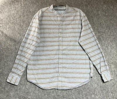 Camisa Caribeña Para Hombre Grande Azul Rayas Mezcla de Lino Manga Larga Cuello Banda Foto 1 de 4