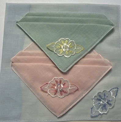 3 PC Set Vintage Handkerchiefs Lovely Embroidered Flowers original packaging - Image 1 of 4
