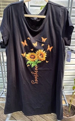 NUEVO CON ETIQUETAS Mujer Good Night Kiss Girasol/Mariposa Camisa de Noche Negra Talla 1X Foto 1 de 3