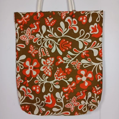 Vintage 60s 70s Shopping Tote Bag Vinyl Canvas Boho Hippie Flower Power 18” - Image 1 of 4