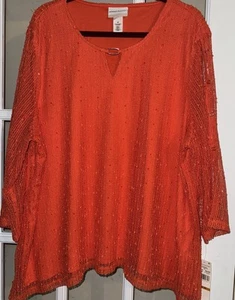Alfred Dunner Orange Popcorn Knit Top Size 3x Sequins Lined Buttons On Sleeves - Picture 1 of 7