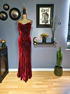 90s Monsoon Ruby Red Velvet Floral Devore Bias Cut Slip Dress Small 12 ( US 8) - Picture 1 of 12